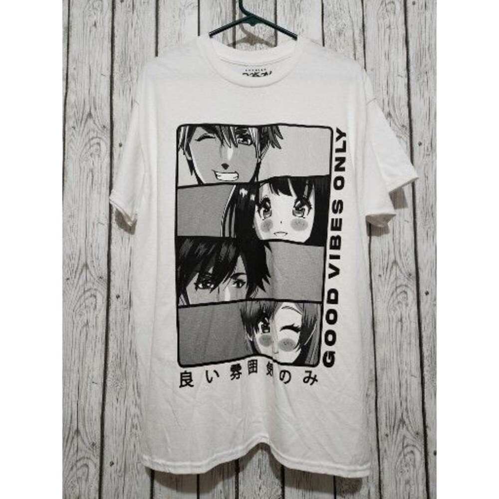Mens Anime Shirt L Kanji Popular Poison Good Vibes Only Crew White Oversized